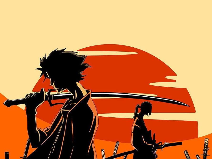 Samurai Champloo Silhouette Artwork with Katana and Red Sun HD wallpaper