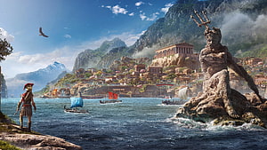 Assassin's Creed Odyssey Ancient Greek Coastal City with Poseidon Statue and Warrior HD wallpaper