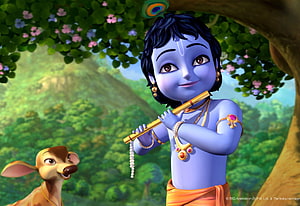 Little Krishna Playing Flute in Lush Forest with Deer Companion HD wallpaper