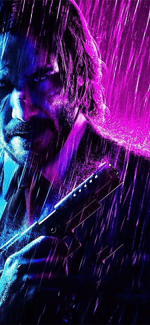 John Wick in the Rain with Pistol Neon Purple and Blue Cinematic Action Poster HD phone wallpaper