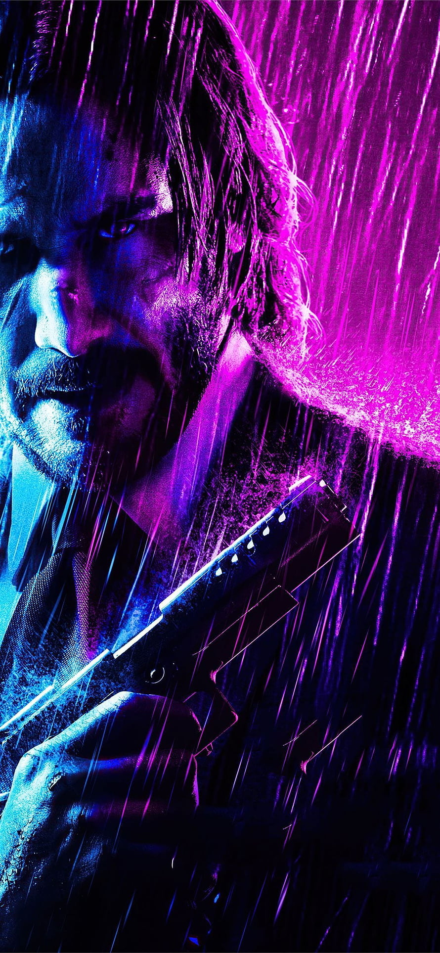 John Wick in the Rain with Pistol Neon Purple and Blue Cinematic Action Poster HD phone wallpaper