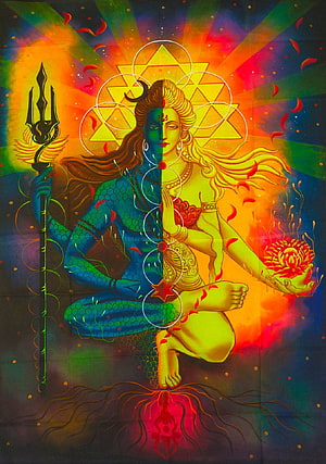 Ardhnarishvara Divine Union of Shiva and Parvati with Trishula and Lotus HD phone wallpaper