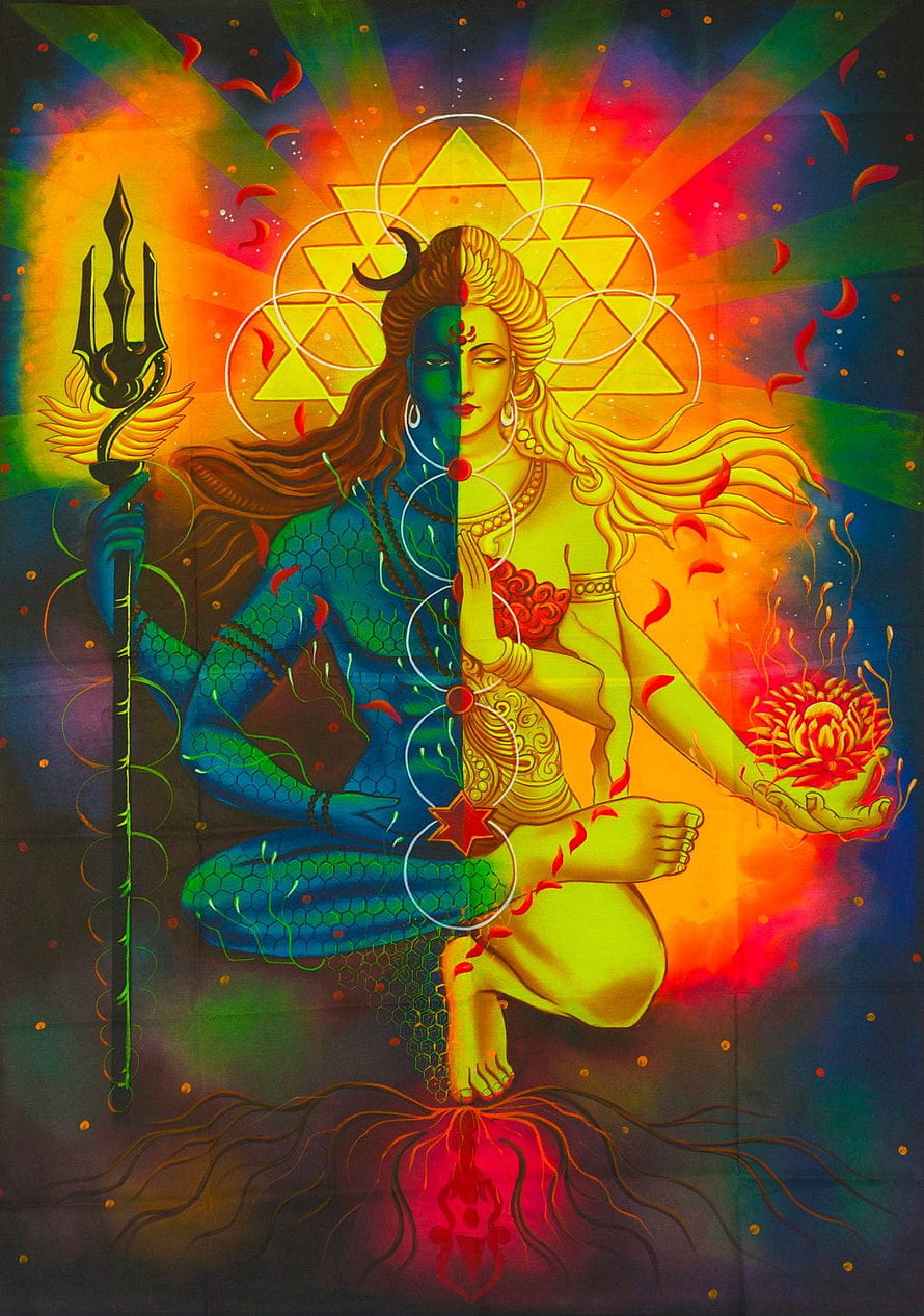 Ardhnarishvara Divine Union of Shiva and Parvati with Trishula and Lotus HD phone wallpaper
