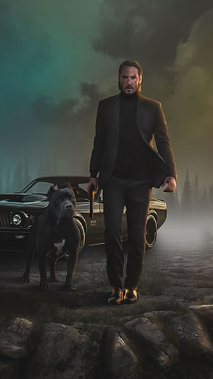 John Wick and His Dog Standing Before a Classic Car in a Misty Forest HD phone wallpaper