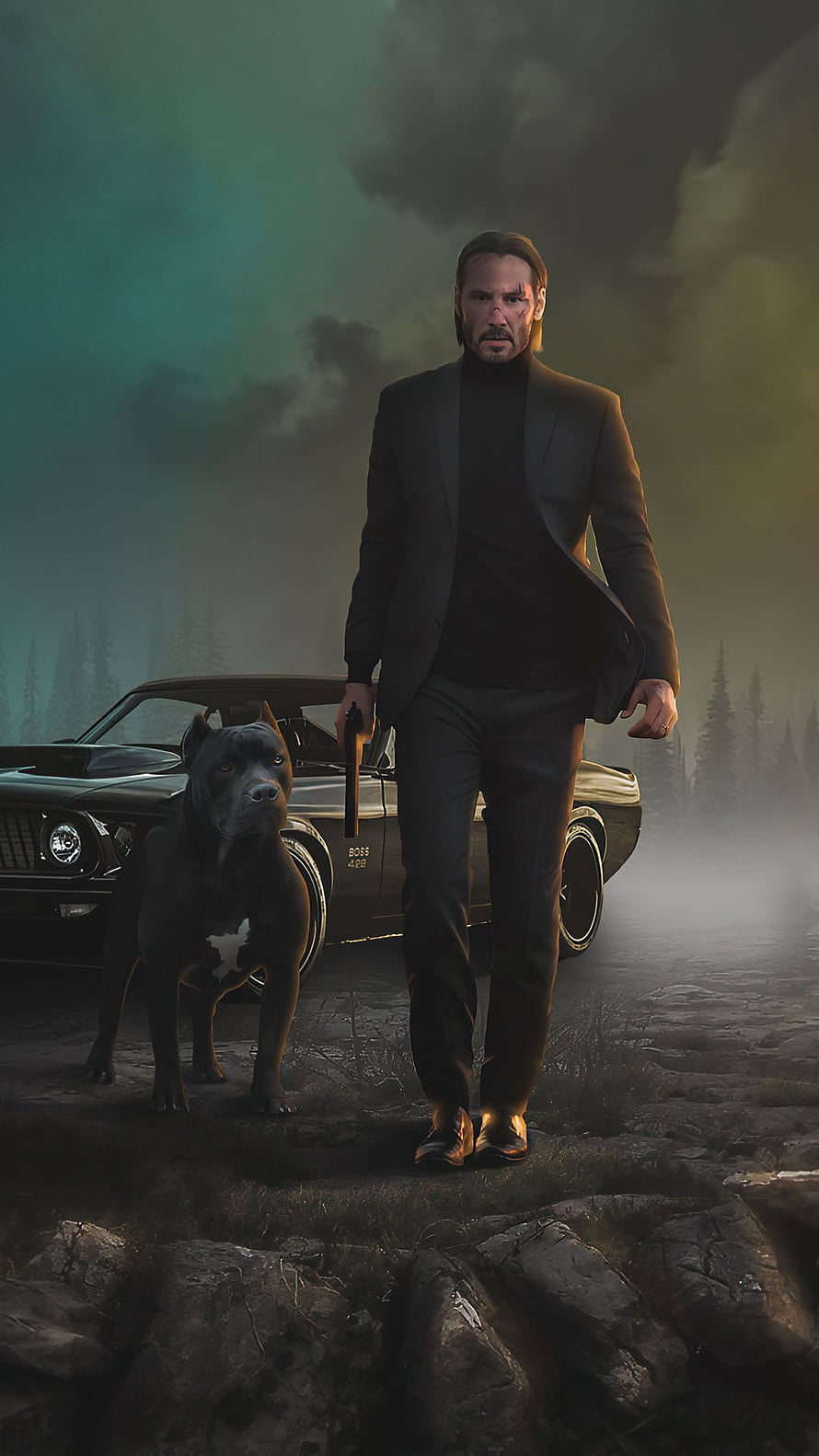 John Wick and His Dog Standing Before a Classic Car in a Misty Forest HD phone wallpaper
