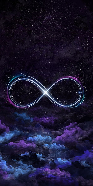 Glowing Infinity Symbol Floating Above Cosmic Nebula Clouds and Starry Night Sky HD phone wallpaper
