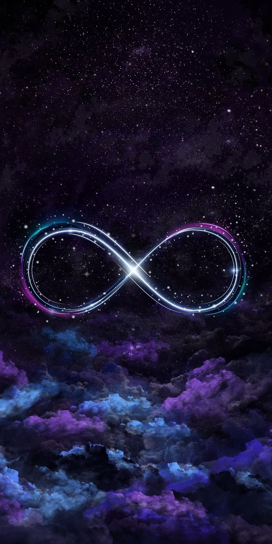 Glowing Infinity Symbol Floating Above Cosmic Nebula Clouds and Starry Night Sky HD phone wallpaper