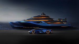 Blue Lamborghini Super Car Parked Before a Luxury Yacht with Helicopter at Night HD wallpaper
