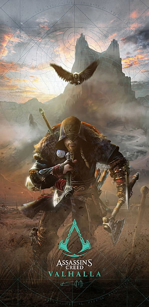Assassin's Creed Valhalla Eivor Viking Warrior with Eagle and Axe in Misty Landscape HD phone wallpaper