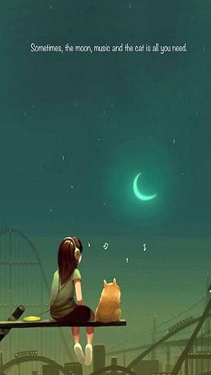Girl and Cat Listening to Music Under a Crescent Moon at Night HD phone wallpaper