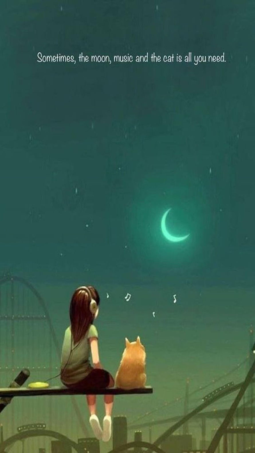 Girl and Cat Listening to Music Under a Crescent Moon at Night HD phone wallpaper