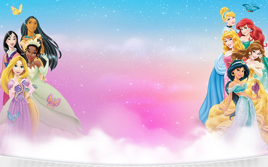 Disney Princesses Group Portrait on Dreamy Pastel Cloud Background HD wallpaper