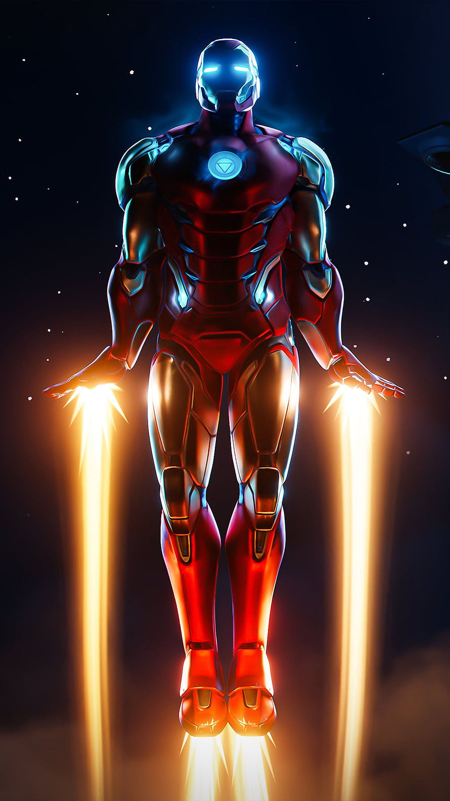 Iron Man Hovering in Space with Glowing Repulsor Beams and Arc Reactor HD phone wallpaper