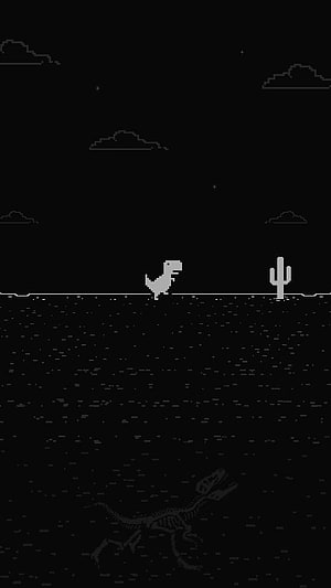 Dark Minimalist Pixel Art Dinosaur Running Through Desert Night Scene HD phone wallpaper