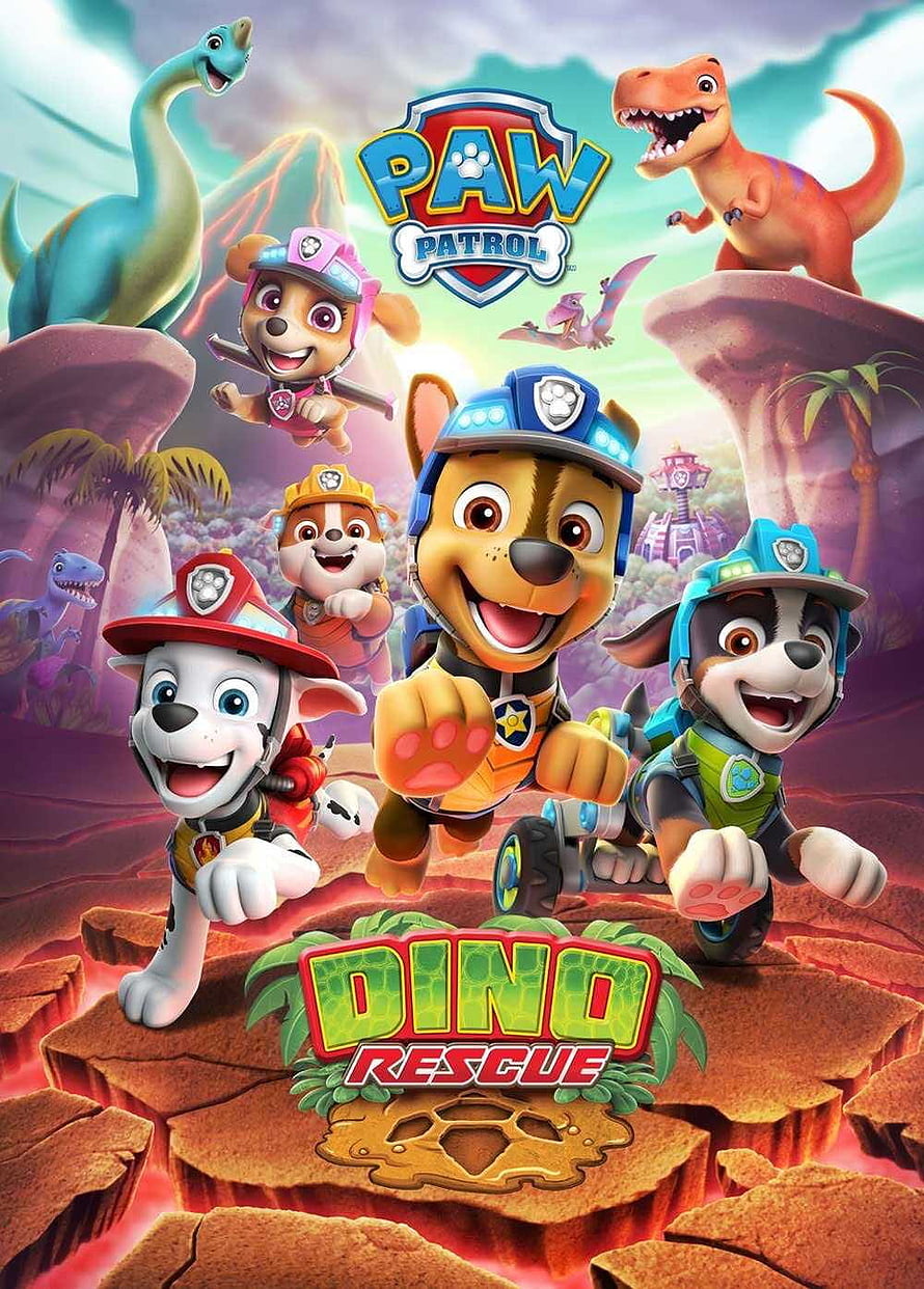 Paw Patrol Dino Rescue Poster Featuring Chase, Marshall, Rocky, Rubble, and Skye in a Prehistoric Landscape HD phone wallpaper