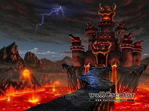 Bowser Castle in a Volcanic Landscape with Lightning Storm and Lava Flows HD wallpaper