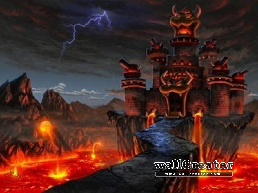 Bowser Castle in a Volcanic Landscape with Lightning Storm and Lava Flows HD wallpaper