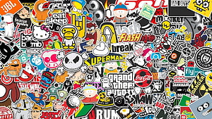 Dense Sticker Bomb Collage Featuring Pop Culture Icons, Cartoons, and Brand Logos HD wallpaper