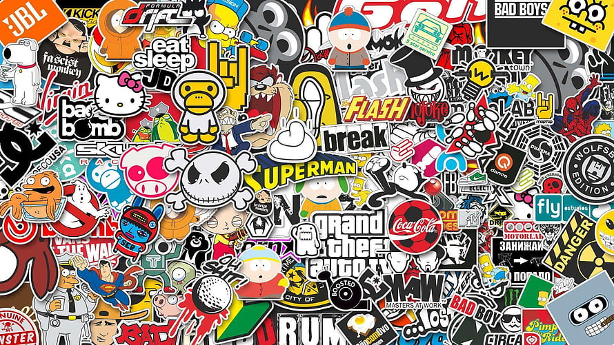 Dense Sticker Bomb Collage Featuring Pop Culture Icons, Cartoons, and Brand Logos HD wallpaper