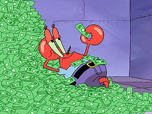 Mr. Krabs from SpongeBob SquarePants Reclining in a Massive Pile of Cash HD wallpaper