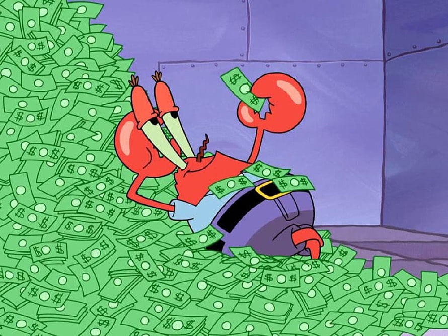 Mr. Krabs from SpongeBob SquarePants Reclining in a Massive Pile of Cash HD wallpaper