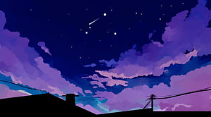 Animated Night Sky with Purple Clouds, Stars, and a Shooting Star Over a Silhouetted Rooftop HD wallpaper