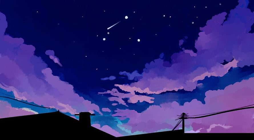 Animated Night Sky with Purple Clouds, Stars, and a Shooting Star Over a Silhouetted Rooftop HD wallpaper