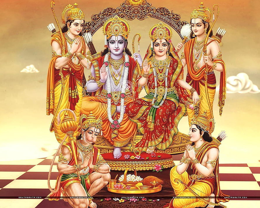 Ram Darbar with Sita and Four Attendants in Traditional Indian Temple Art HD wallpaper