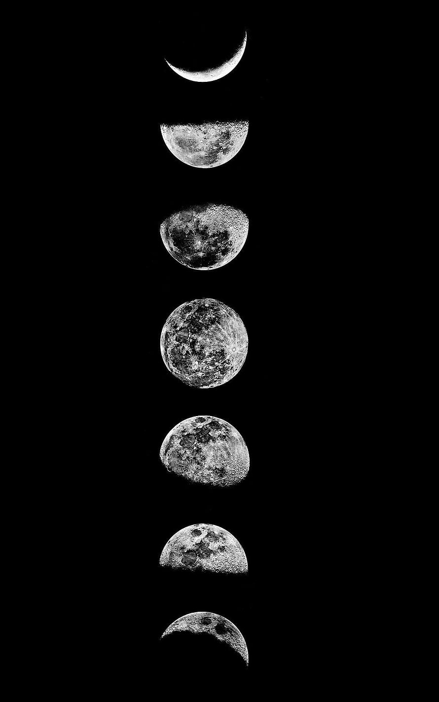 Vertical Sequence of Lunar Phases from Crescent to Full Moon on Black Background HD phone wallpaper
