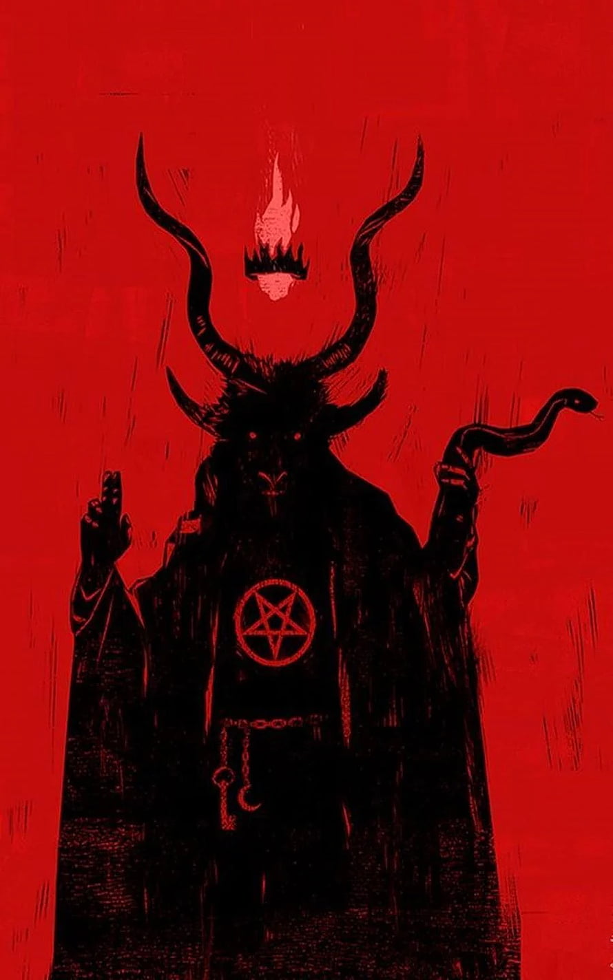 Dark Pentagram Demon Figure with Horns and Snake on Red Background HD phone wallpaper