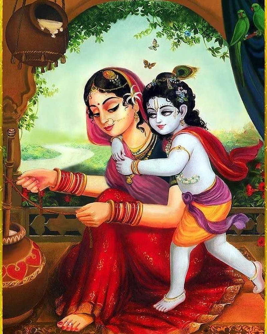 Krishna and Yashoda in a Traditional Indian Painting Style HD phone wallpaper