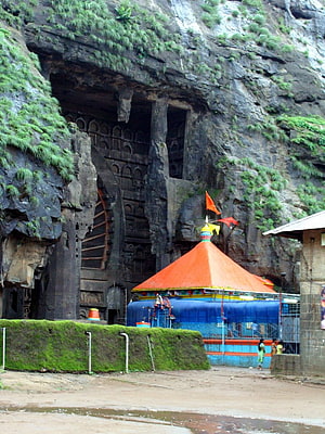 Ekveera Devi Temple at Karla Caves with Rock-Cut Facade and Orange Canopy HD phone wallpaper
