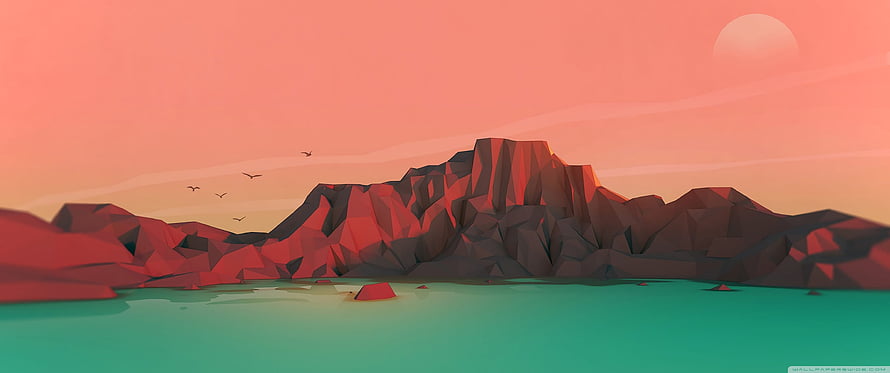 Low Poly Mountain Landscape with Turquoise Water and Pink Sky HD wallpaper