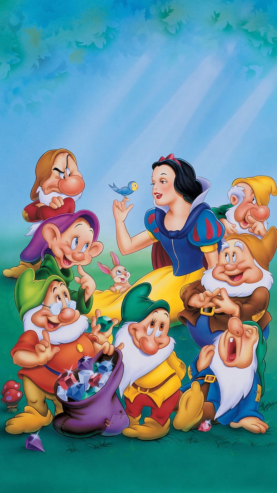 Snow White and the Seven Dwarfs in a Sunny Forest with Gems and a Bird HD phone wallpaper