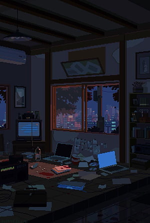 Dark Pixel Art Room Interior with City View at Night HD phone wallpaper