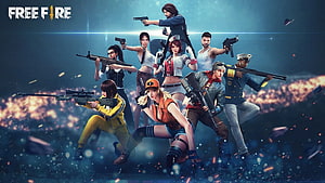 Free Fire Character Lineup Artwork with Firearms and Explosive Background HD wallpaper