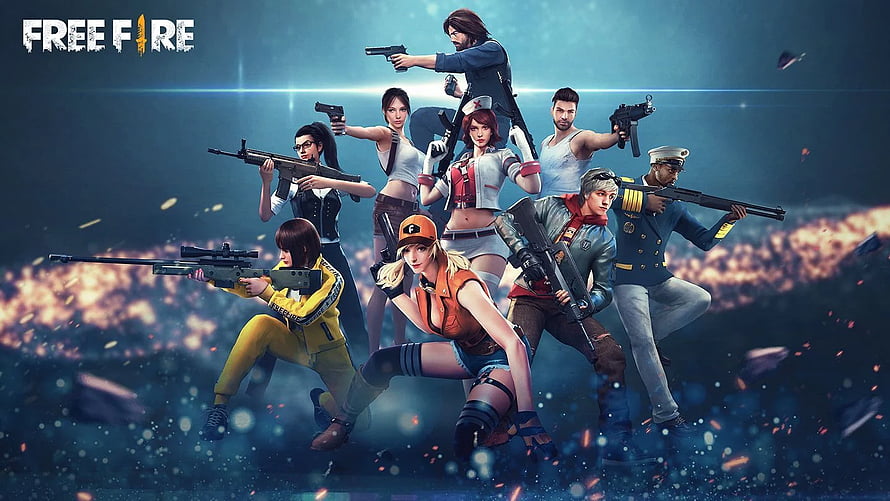 Free Fire Character Lineup Artwork with Firearms and Explosive Background HD wallpaper