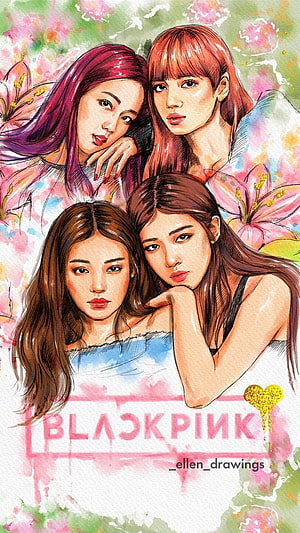 Blackpink Watercolor Portrait with Floral Background and Artist Signature HD phone wallpaper