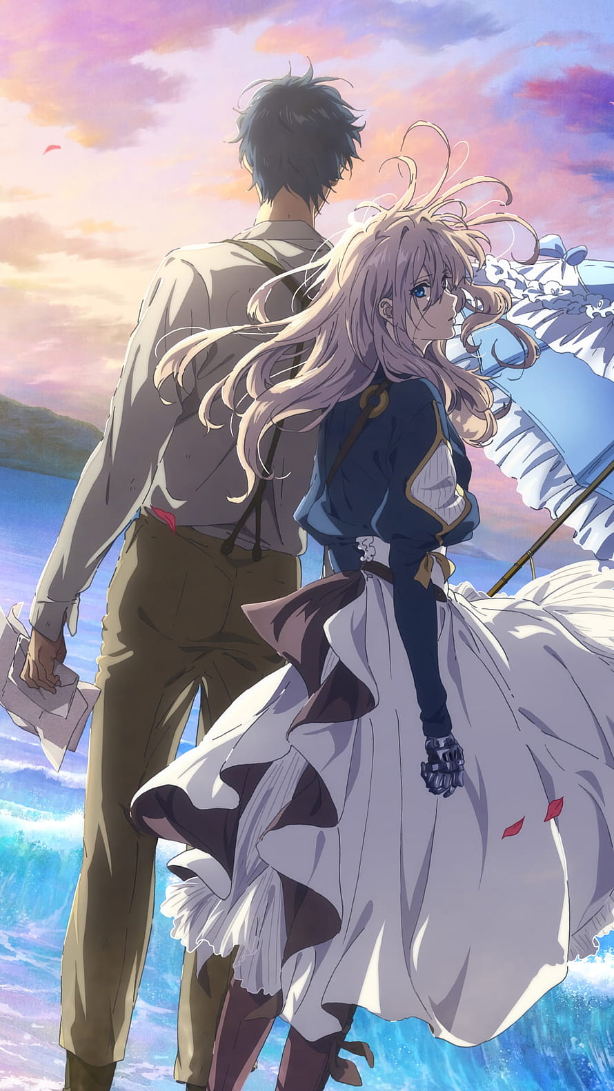 Violet Evergarden: The Movie Anime Artwork of Violet and Claude on a Ship Deck at Sunset HD phone wallpaper