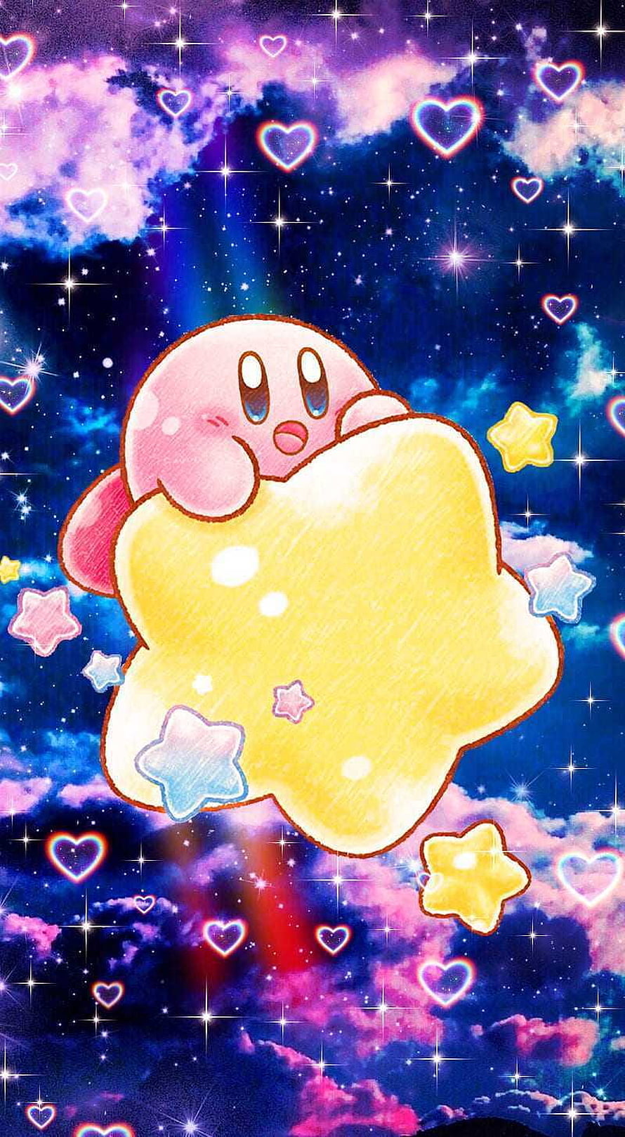 Kirby Hugging a Giant Star in a Dreamy Cosmic Sky with Hearts and Sparkles HD phone wallpaper