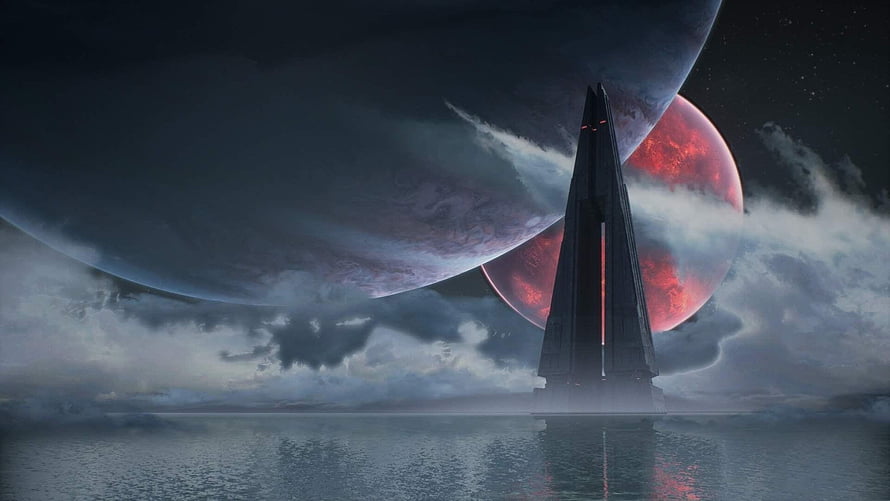 Star Wars Jedi: Fallen Order Monolith Tower on Alien Planet with Red Moon and Cloudy Sky HD wallpaper