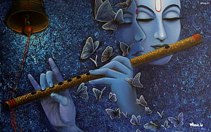 Lord Krishna Playing Flute with Butterflies and Bell in Blue Artwork HD wallpaper