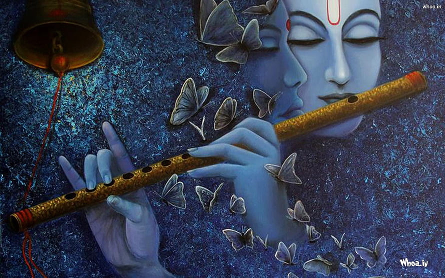Lord Krishna Playing Flute with Butterflies and Bell in Blue Artwork HD wallpaper
