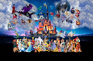 Complete Disney Character Collection with Cinderella Castle and Villains HD wallpaper