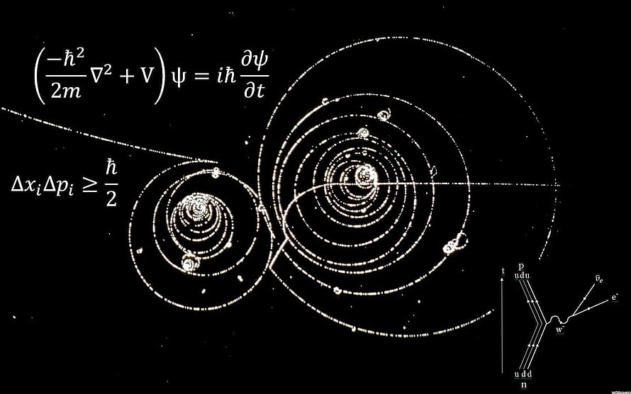 Quantum Mechanics Equations and Particle Physics Diagrams on Black Background HD wallpaper