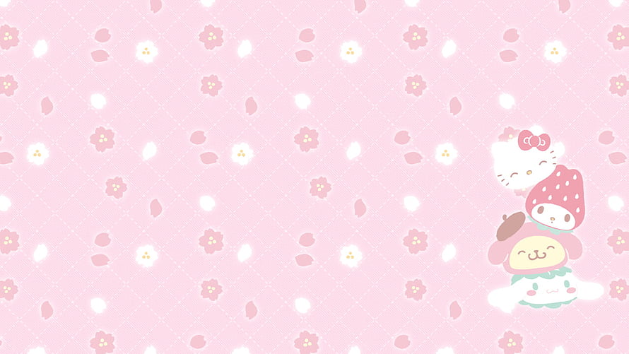 Sanrio Characters Stacked on Pink Floral Patterned Background HD wallpaper