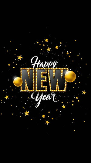 Elegant Happy New Year Celebration with Gold Marquee Lights and Sparkling Stars on Black Background HD phone wallpaper