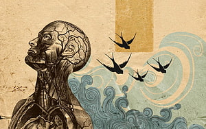 Anatomical Portrait of a Cracked Head with Flying Birds and Stylized Waves HD wallpaper