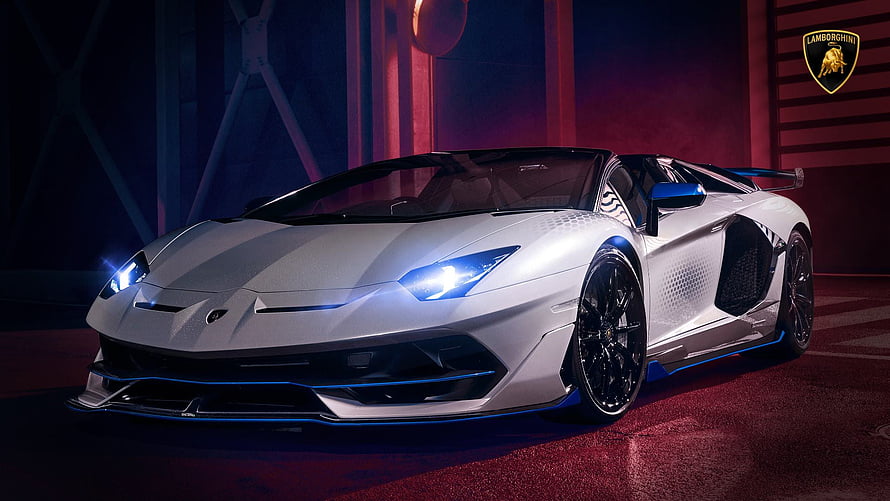 Lamborghini Aventador SVJ Roadster Xago in White with Blue Accents HD wallpaper
