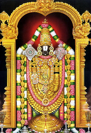 Lord Balaji Temple Deity Adorned in Gold Jewelry and Flower Garlands HD phone wallpaper